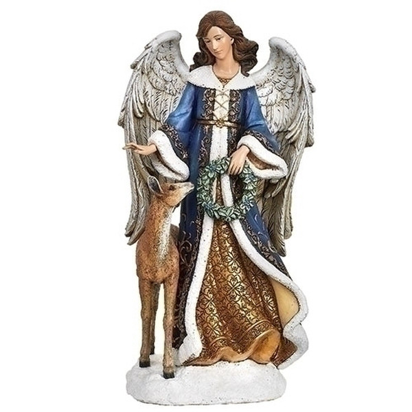 Angel in Blue Dress with Deer and Wreath Statue